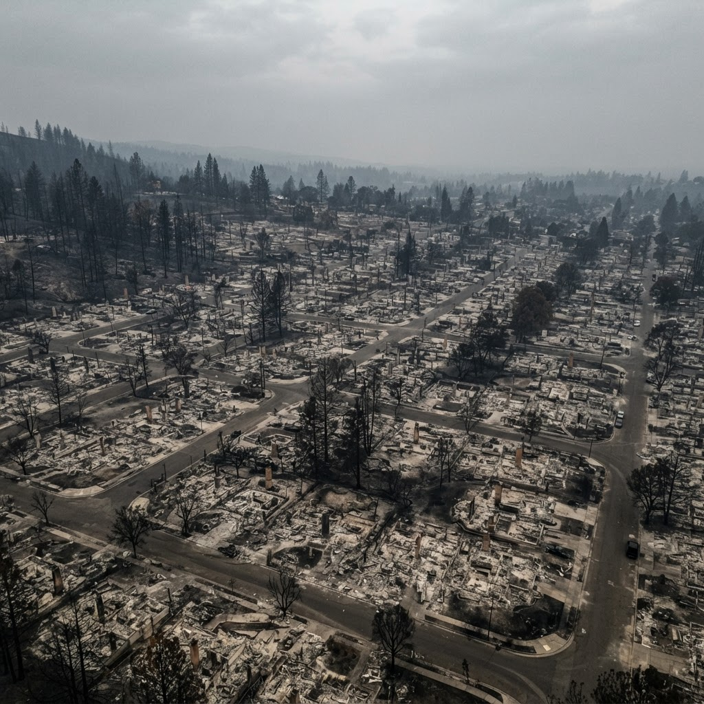 Aerial view of fire-destroyed neighborhoods in Altadena after the Eaton Fire